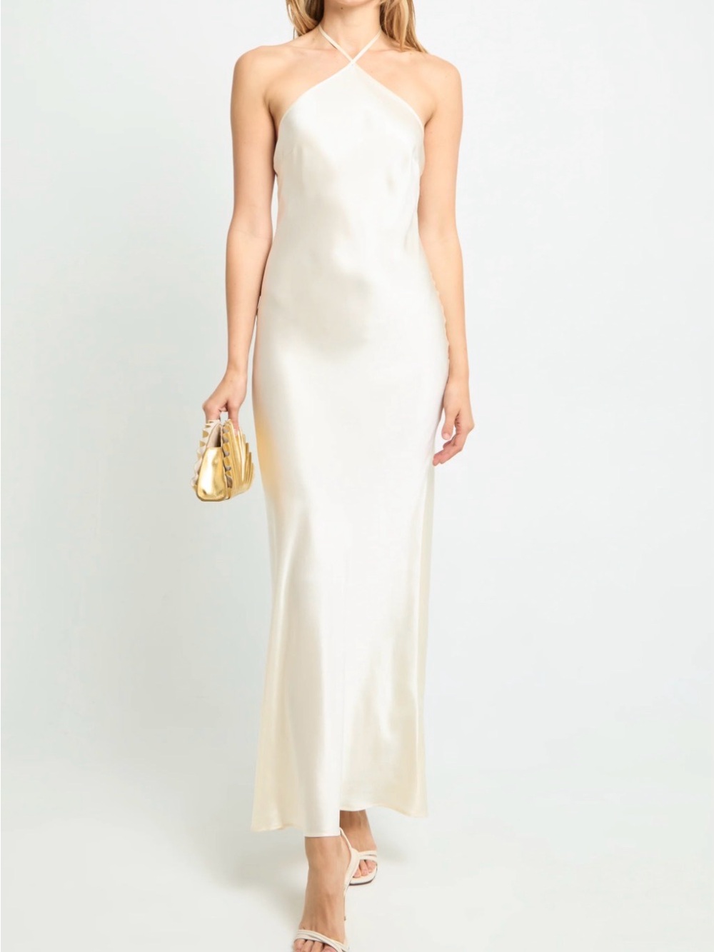 COMMENSE Ivory Satin Slip Maxi Dress Open Back Size S NWT